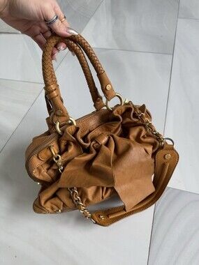 Ladies Bill Blass Luxury Designer Ruffled Leather Dual Shoulder Straps Bag Brown